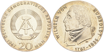 ГДР 20 марок 1967 А, 200 лет со дня рождения Вильгельма фон Гумбольдта KM 18.1 серебро UNC 11-230-16