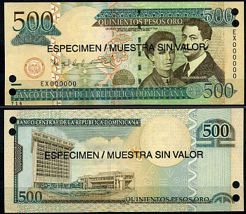 Доминиканская Республика 500 песо 2006 образец, SPECIMEN Pick 179s бумага UNC (пресс) 2197-40-3-1