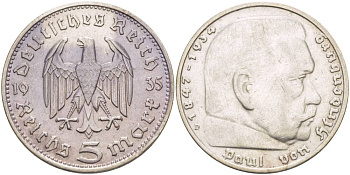 ГЕРМАНИЯ 5 РЕЙХСМАРОК 1935 D, ГИНДЕНБУРГ, БЕЗ СИМВОЛИКИ KM 86, Jager 360 серебро 00-00