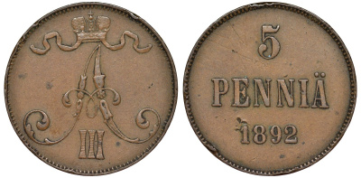 Россия для Финляндии 5 пенни 1892 Александр III (1881-1894) Биткин 661 медь 51-4135