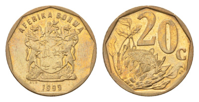 ЮАР 20 центов 1999 герб, цветок протея KM 162 сталь плакированная латунью UNC 4694-915