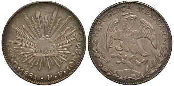 Мексика 8 реалов 1861/51 РF, монетный двор Go (город Гуанахуато), красивая золотисто-голубая патина KM 377.8 серебро 00-00