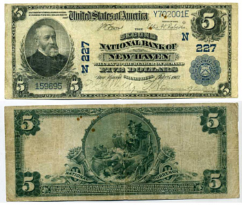 США 5 долларов 1903 Second National Bank of New Haven бумага 451-39-1