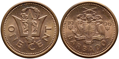 Барбадос 1 цент 1996 сломанный трезубец Британии KM 10а цинк плакированный медью 4398-611