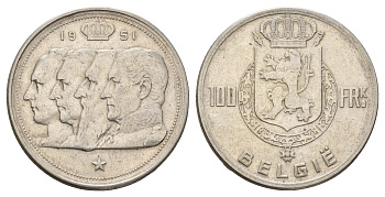 Бельгия 100 франков 1951 Бодуэн I (1951-1993), Belgiqe KM 139 серебро 1519-1234