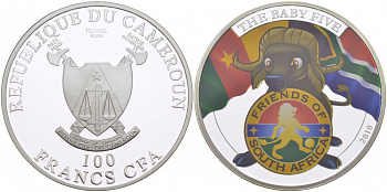 КАМЕРУН 100 ФРАНКОВ 2010 СЕРИЯ ДЕТЕНЫШИ БОЛЬШОЙ ПЯТЕРКИ, БУЙВОЛ, ЭМАЛЬ, ТИРАЖ 1000 ЭКЗ. KM NEW медь плакированная серебром 00-000-00