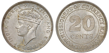 Британская Малайя 20 центов 1939 Георг VI (1937-1952) KM 5 серебро 53-425