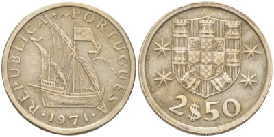 ПОРТУГАЛИЯ 2,5 ЭСКУДО 1971 ПАРУСНИК KM 590 медно-никель 4523-1052