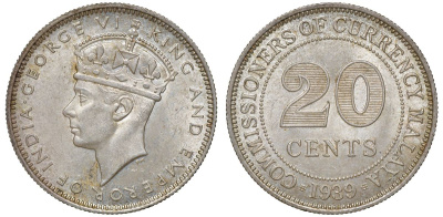 Британская Малайя 20 центов 1939 Георг VI (1937-1952) KM 5 серебро 53-425