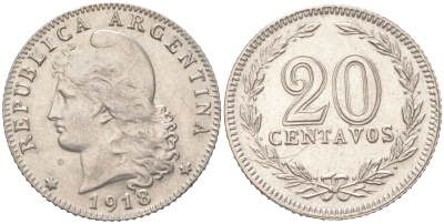 Аргентина 20 сентаво 1918 KM 36 медно-никель 4621-1061