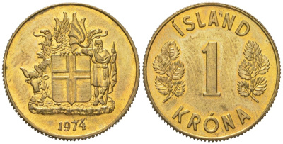 Исландия 1 крона 1974 KM 12a никель латунь aUNC 4169-1138