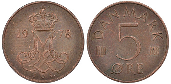 Дания 5 эре 1978 Маргрете II (1972- ) KM 859 железо плакированное медью 4124-631