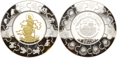 Либерия 40 долларов плюс 12 штук по 5 долларов 2001 леди Куан Янь и лунный календарь 1 килограмм, пазл серебро PROOF 14-01-01-03