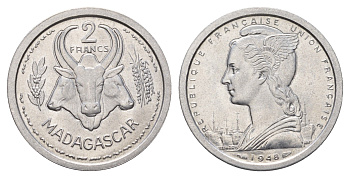 Мадагаскар 2 франка 1948 год-тип KM 4 алюминий UNC 4671-233