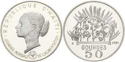 Гаити 50 гурдов 1981 50 лет FAO, голова женщины KM 149 серебро PROOF 1066-1-24