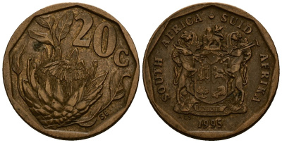 ЮАР 20 центов 1995 герб, цветок протея KM 136 сталь плакированная латунью 4173-736