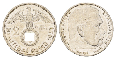 Германия 2 рейхсмарки 1939 A, Пауль фон Гинденбург (1847-1934) KM 93, J. 366 серебро 633-812