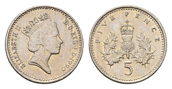 Великобритания 5 пенсов 1990 Елизавета II (1952-2022) KM 937b, Spink 4372 (D4) медно-никель 4684-1029