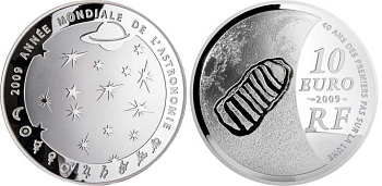 Франция 10 евро 2009 Международный год астрономии, 40 лет первой высадки на Луну, монета выпуклой формы, след астронавта на Луне, тираж 10000 экз. 4-3-3-29