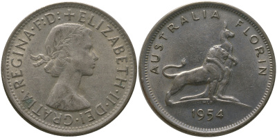 Австралия 1 флорин 1954 Елизавета II (1952-2022), английский лев и кенгуру, королевский визит KM 55 серебро 4168-243