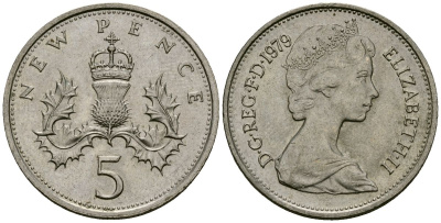 Великобритания 5 пенсов 1979 Елизавета II (1952-2022) KM 911, Spink 4233 (D1) медно-никель 27-512