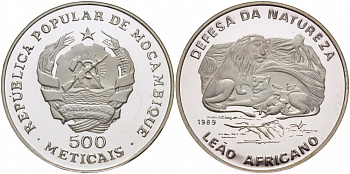Мозамбик 500 метикалей 1989 серия зашита природы, львы, тираж 2500 экз. KM 110 серебро PROOF 000-000-00