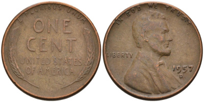 США 1 цент 1957 D, Линкольн KM А132 медь цинк 4564-267