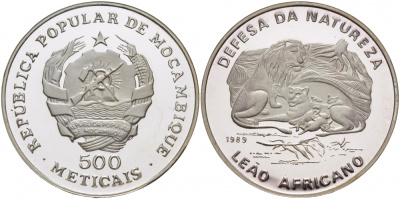 Мозамбик 500 метикалей 1989 серия зашита природы, львы, тираж 2500 экз. KM 110 серебро PROOF 000-000-00