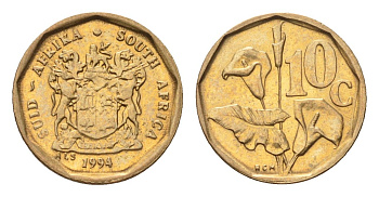 ЮАР 10 центов 1994 герб, цветок алоэ KM 135 сталь плакированная бронзой UNC 4694-668