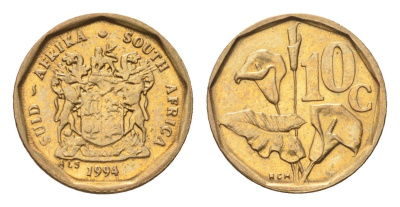 ЮАР 10 центов 1994 герб, цветок алоэ KM 135 сталь плакированная бронзой UNC 4694-668