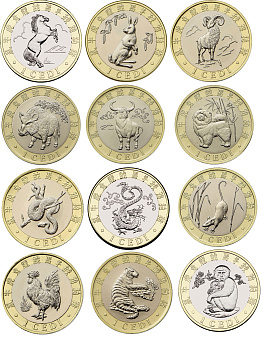 Гана набор из 12 монет по 1 седи 2018 ММД, лунный календарь, в оригинальных буклетах KM NEW биметалл UNC 5-4-5-02