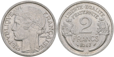 Франция 2 франка 1947 KM 886a, Le Franc 269.10 алюминий 51-4216