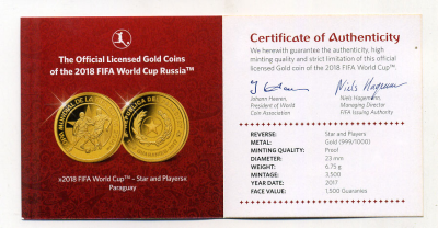 Парагвай 1500 гуарани 2017 Чемпионат мира по футболу в России KM NEW золото PROOF 00-000-00