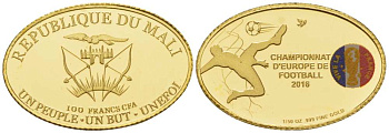 Мали 100 франков 2016 Чемпионат Европы по футболу во Франции, овал, эмаль KM NEW золото PROOF 00-820-05