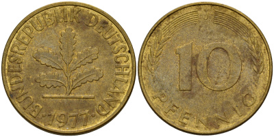 ФРГ 10 пфеннигов 1977 J J. 383, KM 108 сталь плакированная латунью    4603-435