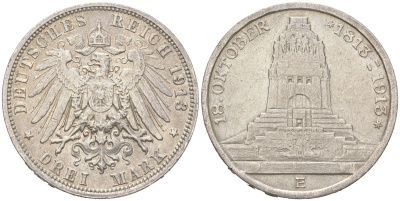Саксония 3 марки 1913 E, 100 лет Битве народов, Фридрих Август III (1904-1918) KM 1275 серебро 1530-1213