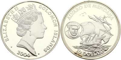 Соломоновы острова 10 долларов 2004 Альваро Менданья де Нейр, первооткрыватель Соломоновых островов KM 86 серебро PROOF 1066-4-14