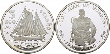 Испания 5 экю 1993 Хуан Карлос I (1913-1993), парусник серебро PROOF 11-165-35