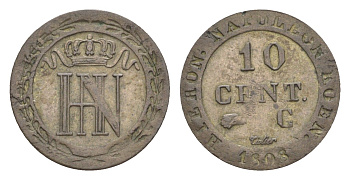 Вестфалия 10 сантимов 1808 C, Жером Бонапарт (1807-1813), из коллекции Ричарда Б. Смита Smith 299, KM 96, ASK 38 серебро 1525-1124