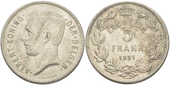 БЕЛЬГИЯ 5 ФРАНКОВ 1931 АЛЬБЕРТ I, DER BELGEN KM 98 никель 3851-342