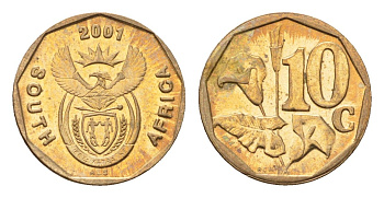ЮАР 10 центов 2001 герб, цветок алоэ KM 224 сталь плакированная бронзой UNC 4694-812