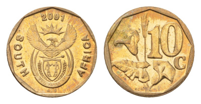 ЮАР 10 центов 2001 герб, цветок алоэ KM 224 сталь плакированная бронзой UNC 4694-812