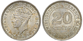 Британская Малайя 20 центов 1939 Георг VI (1937-1952) KM 5 серебро 53-415