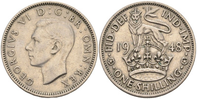 Великобритания 1 шиллинг 1948 Георг VI (1936-1952), Английский герб KM 863, Spink 4103 медно-никель 4126-436
