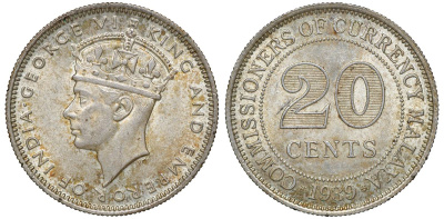 Британская Малайя 20 центов 1939 Георг VI (1937-1952) KM 5 серебро 53-415