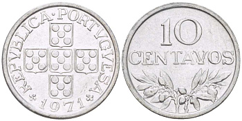 ПОРТУГАЛИЯ 10 СЕНТАВО 1971 KM 594 алюминий 4516-414