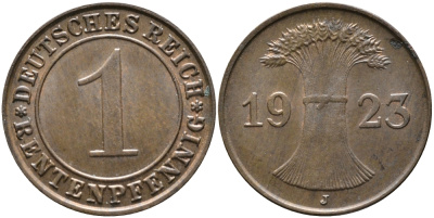 ГЕРМАНИЯ 1 РЕНТЕНПФЕННИГ 1923 J KM 30, J. 306 бронза UNC 413-2531