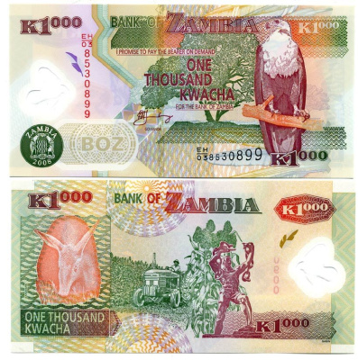 Замбия 1000 квач 2008 трубкозуб, трактор, статуя Свободы в Лусаке Pick 44 f пластик UNC (пресс) 448-45-2