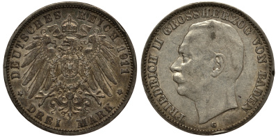 Баден 3 марки 1911 Фридрих II (1907-1918) J. 39, KM 280 серебро    3711-1645