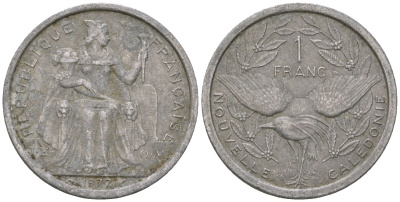 Французская Новая Каледония 1 франк 1977 птица кагу, (IEOM) KM 10, Schoen 10, Lec 40 алюминий    51-931